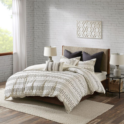 Start2Finish Rhea Cotton Jacquard Duvet Cover Mini Set in ivory and charcoal with intricate woven pattern and matching pillow shams.