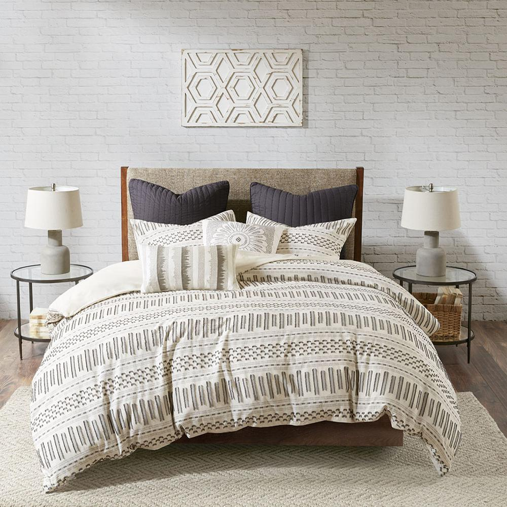Start2Finish Rhea Cotton Jacquard Duvet Cover Mini Set in Ivory and Charcoal, showing elegant fabric pattern and cozy bedding design.