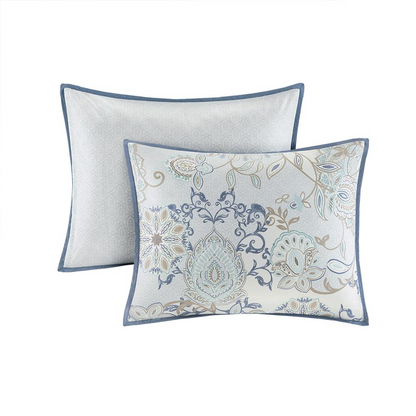 Start2Finish 8-piece cotton floral printed reversible comforter set with matching pillow shams and decorative pillows.