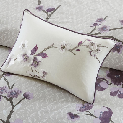 Start2Finish Holly 8-piece cotton comforter set in purple and taupe with coordinating pillow shams and decorative accents.