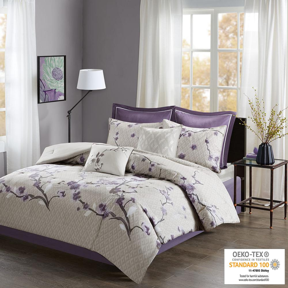 Holly 8-piece cotton comforter set by Start2Finish in purple and taupe, featuring a cozy, decorative bedding ensemble.