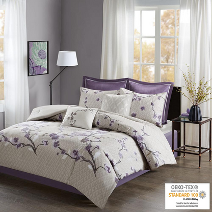 Holly 8-piece cotton comforter set by Start2Finish in purple and taupe, featuring a cozy, decorative bedding ensemble.