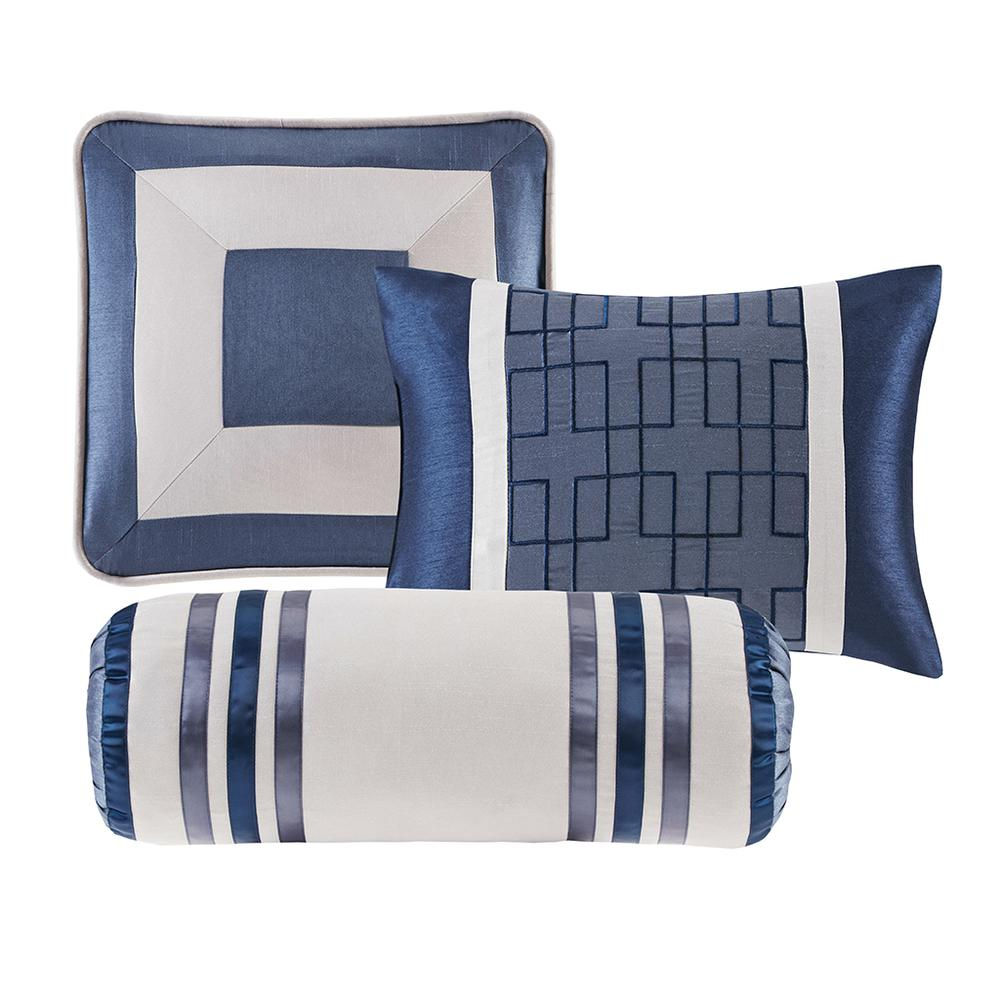 Genevieve 7-piece navy comforter bedding set by Start2Finish with matching pillow shams and decorative accents on a bed.