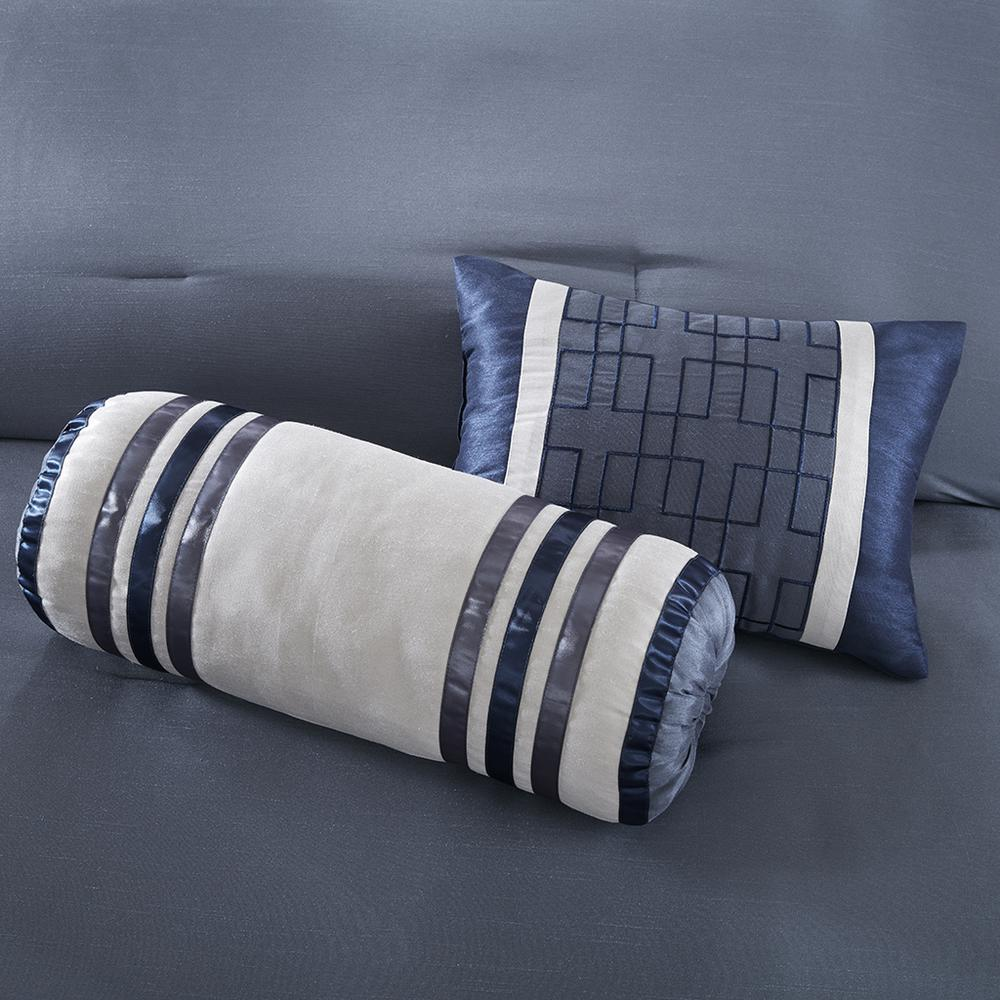 Genevieve 7-piece navy bedding comforter set by Start2Finish, featuring matching pillow shams and decorative accents.