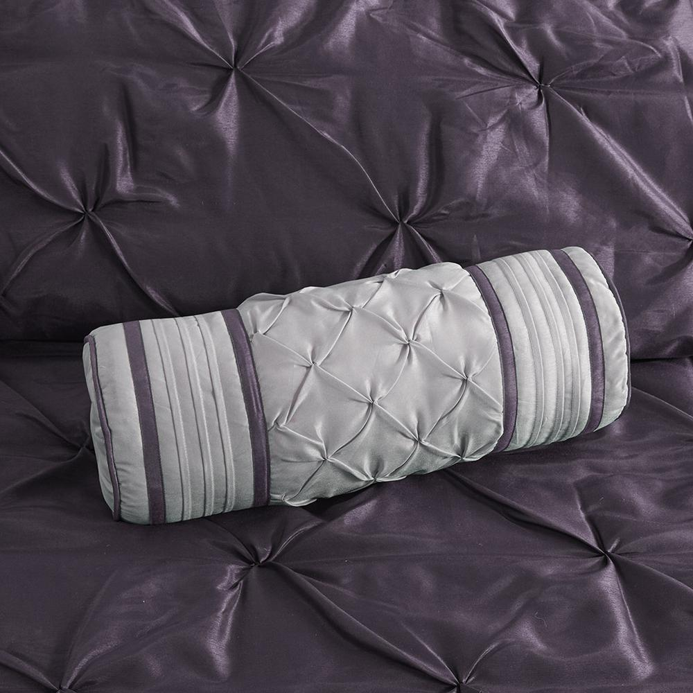 Start2Finish Laurel 7-piece tufted comforter set in plum with matching pillow shams and decorative accents.