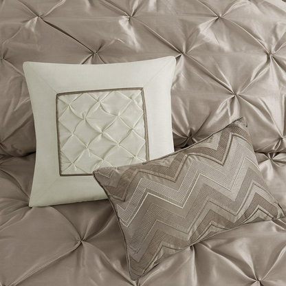 Start2Finish Laurel 7-piece tufted comforter set in taupe with matching pillow shams and decorative pillows, cozy bedroom bedding
