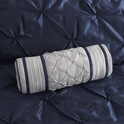 Start2Finish Laurel 7-piece navy tufted comforter bedding set with matching pillow shams and decorative accents.