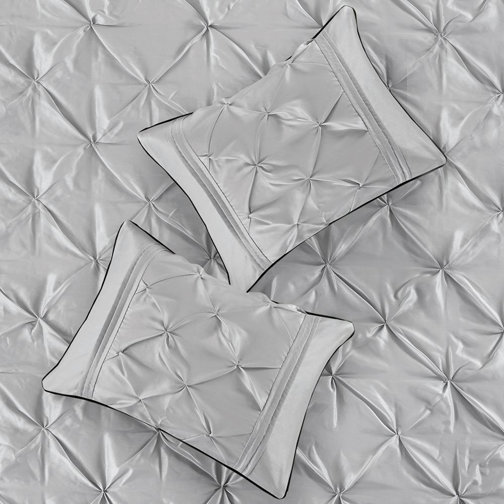 Start2Finish Laurel 7-piece tufted grey comforter set with matching pillow shams and decorative throw pillows on a bed.