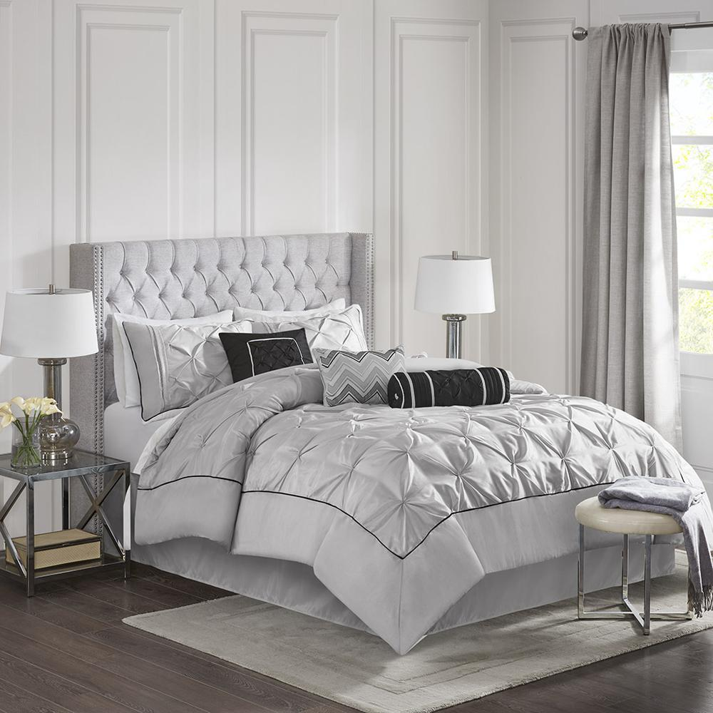 Start2Finish Laurel 7-piece grey tufted comforter set with matching pillow shams, showcasing a plush, textured bedding ensemble.
