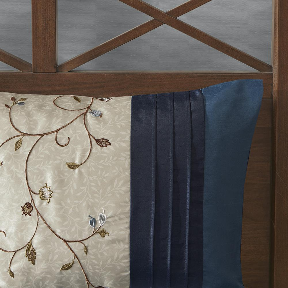 Serene embroidered 7-piece navy bedding comforter set by Start2Finish, featuring detailed embroidery and coordinated pillow shams.
