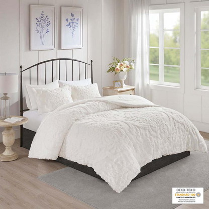 Start2Finish 3-piece tufted cotton chenille damask bedding comforter set with intricate textured patterns and matching pillow shams.