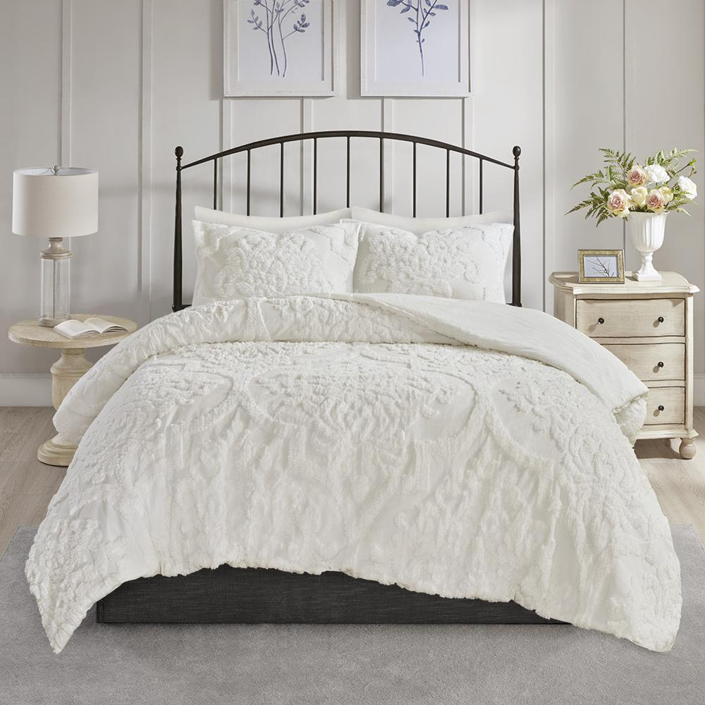 Start2Finish 3-piece tufted cotton chenille damask bedding comforter set with intricate pattern and plush texture, shown in a cozy bedroom setting.