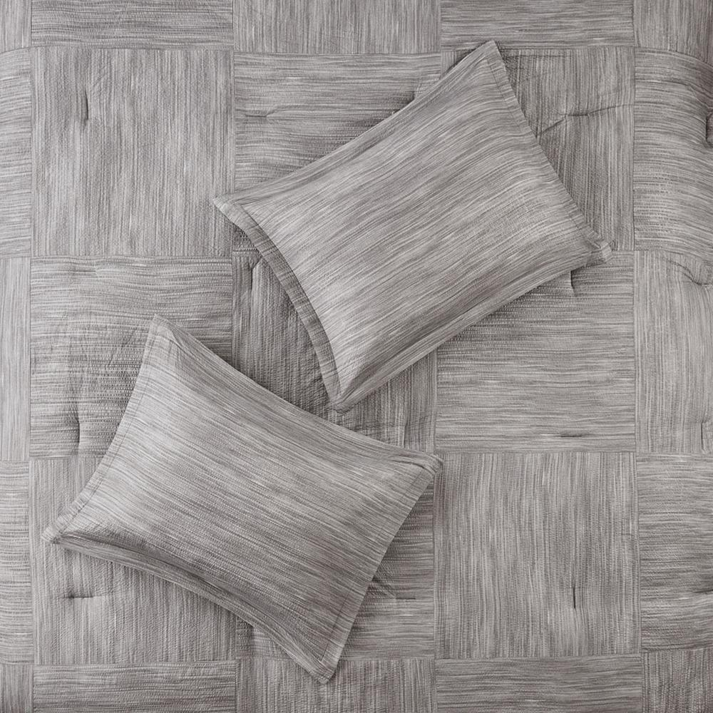 Walter 7-piece printed seersucker comforter set in grey, bedding by Start2Finish with seersucker fabric and decorative pillows.