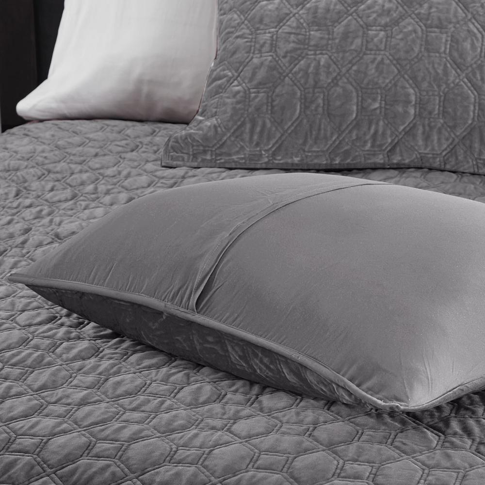 Start2Finish Harper 3-piece grey velvet quilt set with matching pillow shams, showcasing soft, luxurious fabric and elegant design.