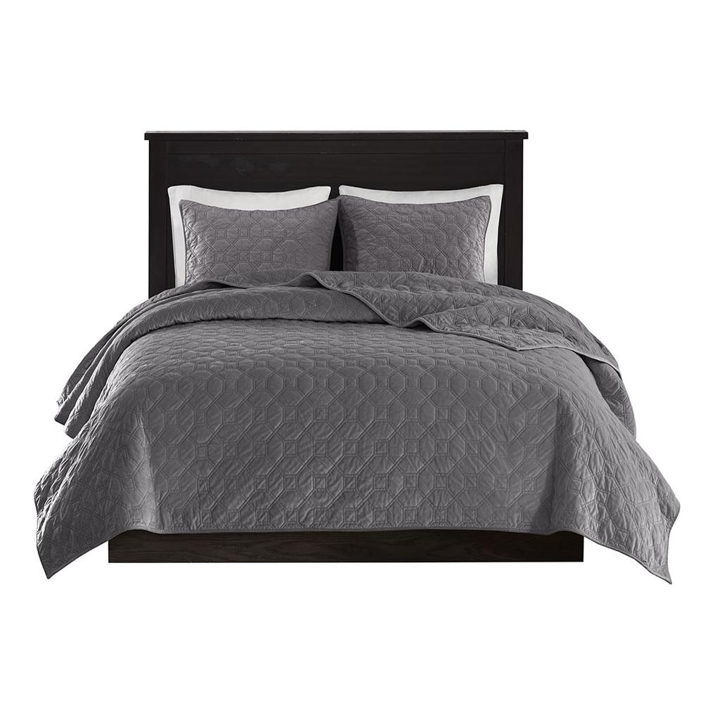 Start2Finish Harper 3-piece velvet quilt set in grey, featuring a soft plush bedspread and matching pillow shams.