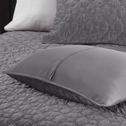 Start2Finish Harper 3-piece grey velvet quilt set with matching pillow shams, soft and luxurious bedding for a cozy bedroom look.