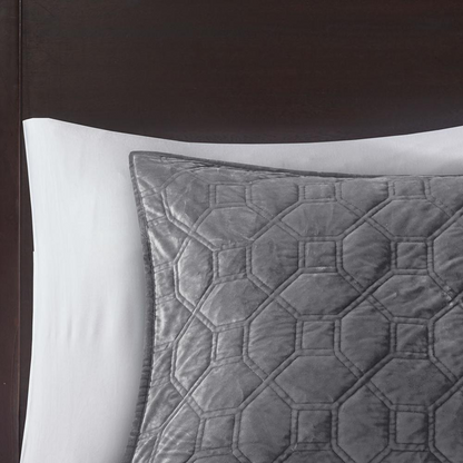 Start2Finish Harper 3-piece velvet quilt set in grey with matching pillow shams, soft and luxurious bedding ensemble.