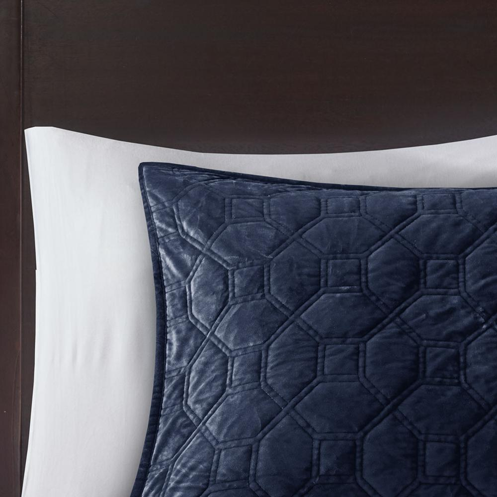 Harper 3-piece navy velvet quilt set by Start2Finish, featuring smooth velvet fabric and quilted design for a luxurious bedroom look.