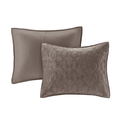 Start2Finish Harper 3-piece velvet quilt set in taupe with matching pillow shams and bedding, soft and luxurious bedroom decor