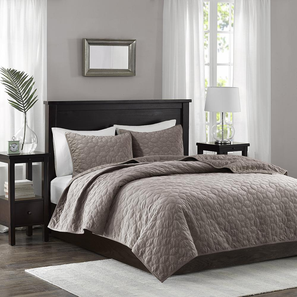 Start2Finish Harper 3-piece velvet quilt set in taupe, showcasing a soft, luxurious quilt with matching pillow shams.