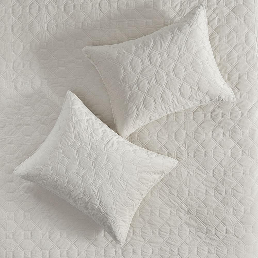 Start2Finish Harper 3-piece velvet quilt set in ivory, featuring soft fabric and decorative pillows for a cozy bedroom look.