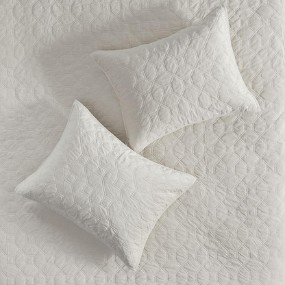 Start2Finish Harper 3-piece velvet quilt set in ivory, featuring soft fabric and decorative pillows for a cozy bedroom look.
