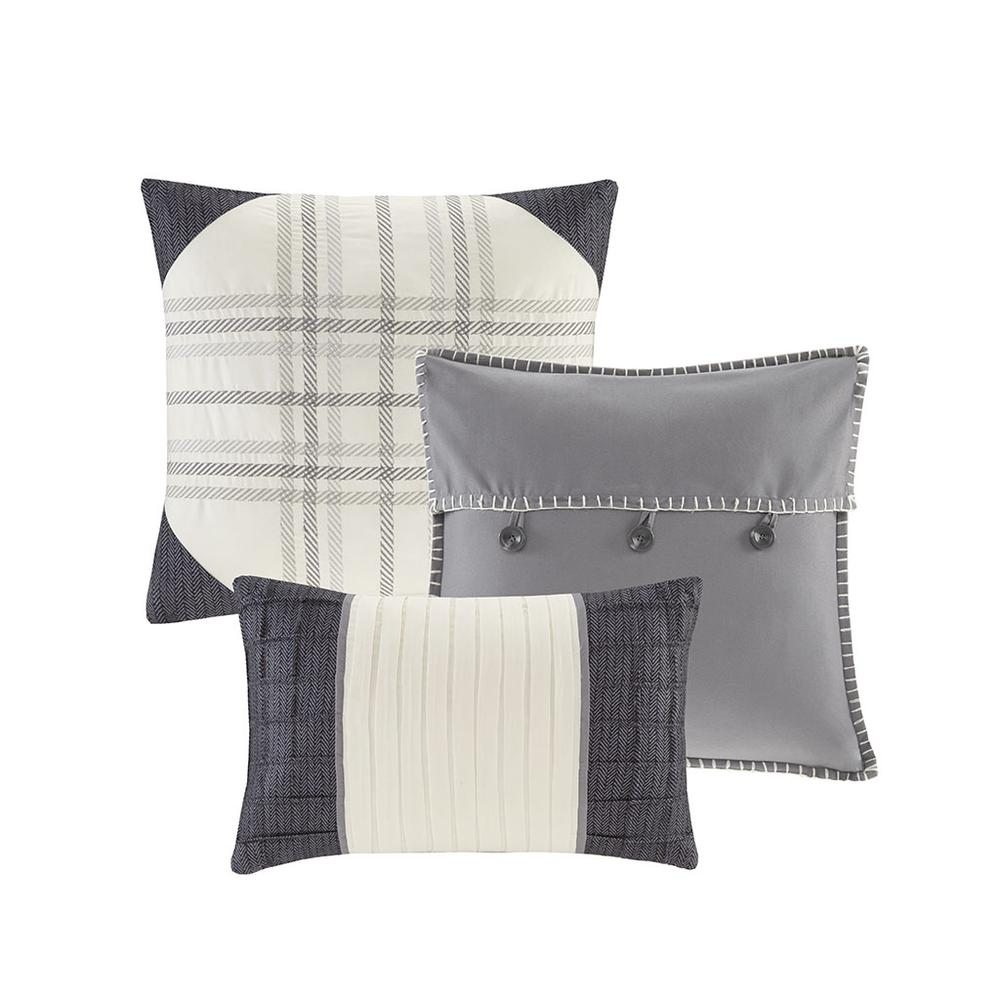 Start2Finish Ridge 7-piece grey herringbone comforter set with matching pillow shams and decorative pillows on a bed.