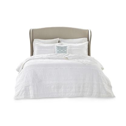 Start2Finish 4-piece microfiber reversible ruffle quilt set with matching throw pillow, featuring soft fabric and decorative ruffle details.