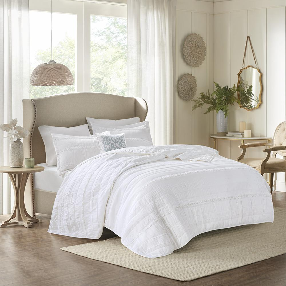 Start2Finish 4-piece microfiber reversible ruffle quilt set with decorative throw pillow, featuring soft, colorful bedding design.