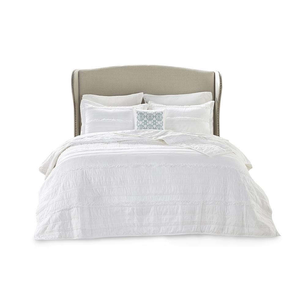Start2Finish 4-piece microfiber reversible ruffle quilt set with matching throw pillow, featuring soft, textured fabric and ruffled edges.