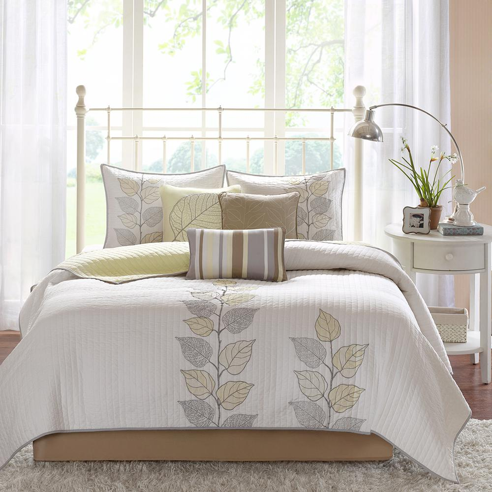 Start2Finish 6-piece embroidered quilt bedding set with matching throw pillows, featuring intricate embroidery and coordinated design.