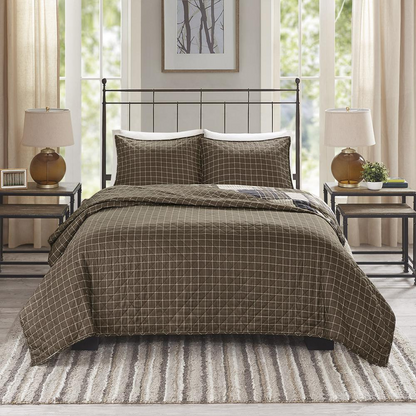 Timber 3-piece reversible printed quilt set in black and brown, stylish bedding with bold geometric patterns by Start2Finish.