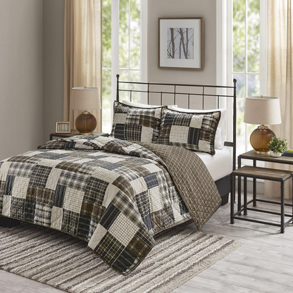 Start2Finish Timber 3-piece reversible quilt bedding set in black and brown, featuring printed pattern and cozy fabric.
