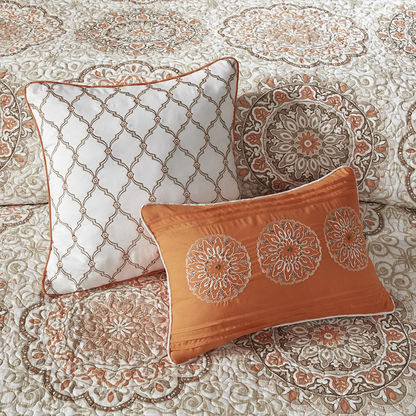 Start2Finish 6-piece reversible quilt set with matching throw pillows, featuring colorful geometric patterns and cozy fabric.