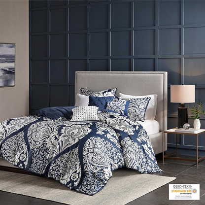 Vienna 6-piece printed duvet cover set by Start2Finish in indigo with floral and geometric patterns on soft fabric.