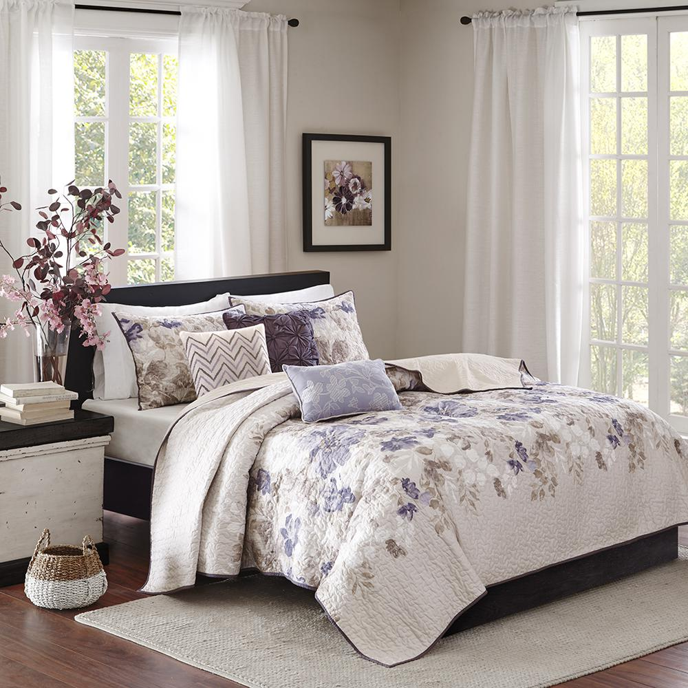 Start2Finish 6-piece printed quilt bedding set with matching throw pillows, featuring colorful floral and geometric patterns.