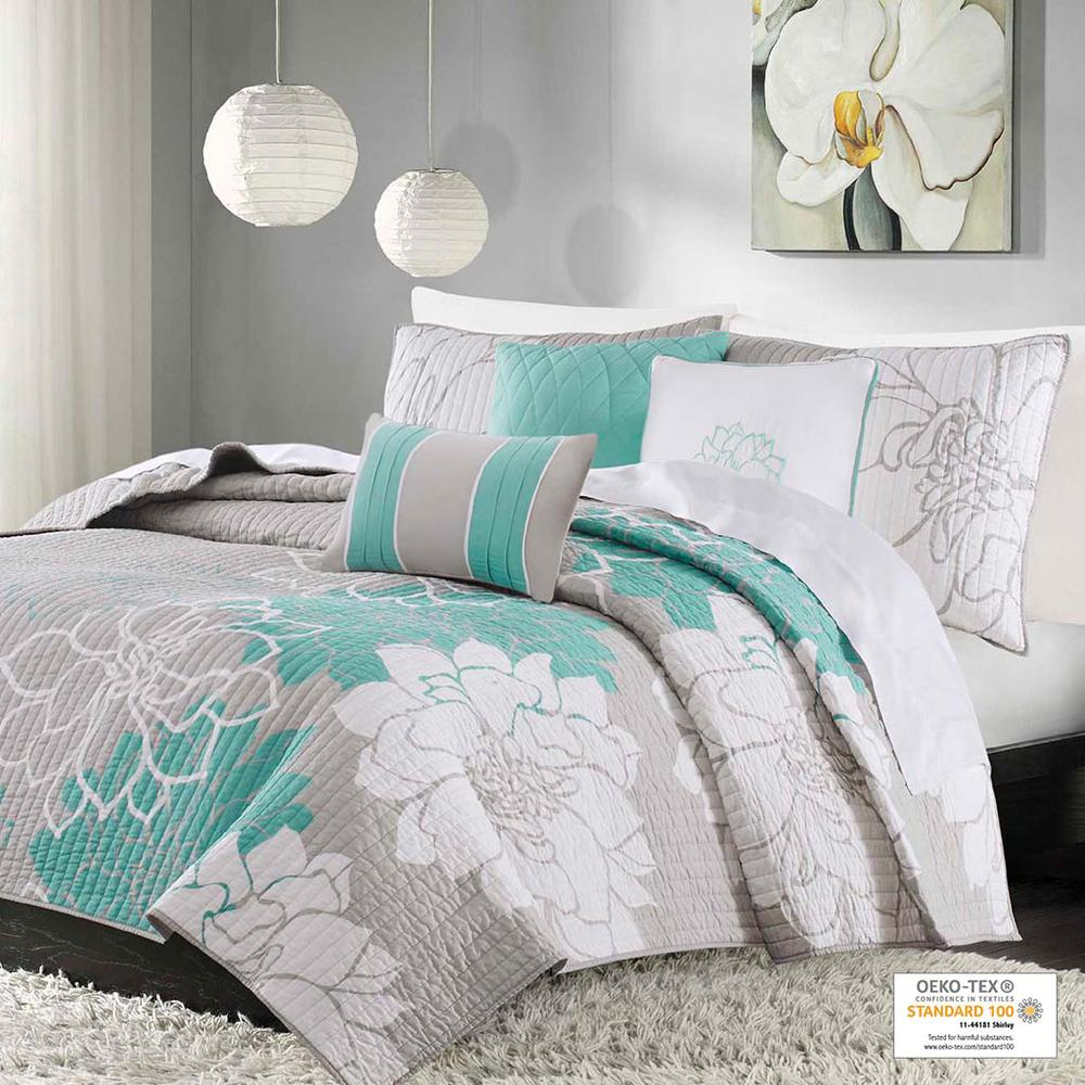 Start2Finish 6-piece printed cotton quilt set with matching throw pillows, featuring colorful floral and geometric patterns.