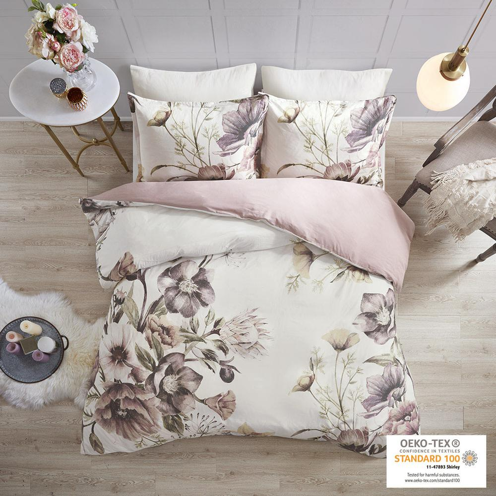 Start2Finish Cassandra 3-piece cotton printed duvet cover set in blush with floral design on bedding.