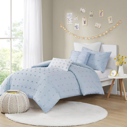 Cotton jacquard comforter set with euro shams and throw pillows, Start2Finish bedding ensemble in a detailed pattern.