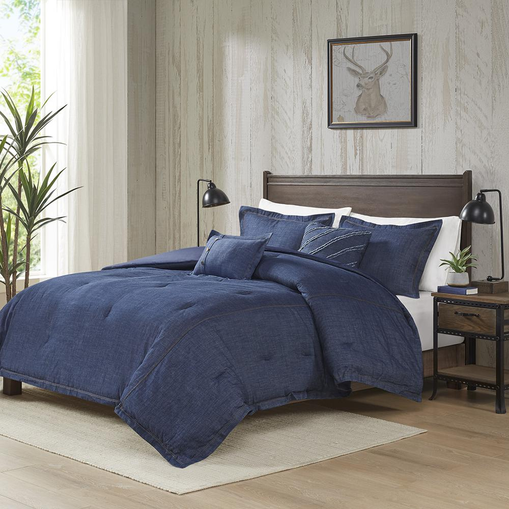 Blue Perry oversized denim comforter set from Start2Finish, shown on a bed with matching pillow shams.