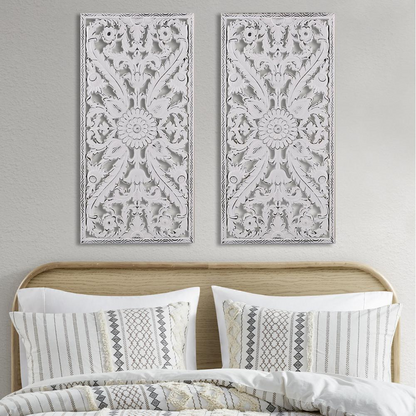 Distressed carved wood wall decor set by Start2Finish, featuring two intricately designed rustic wooden wall art pieces.
