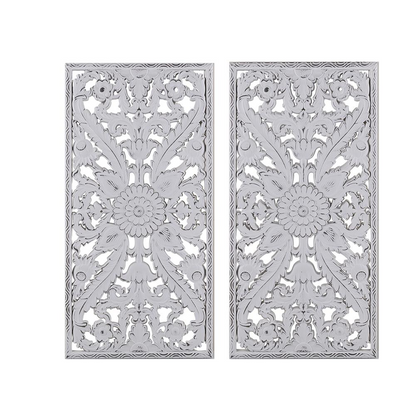 Distressed carved wood wall decor set by Start2Finish, featuring two rustic, textured wall art pieces for home decoration.