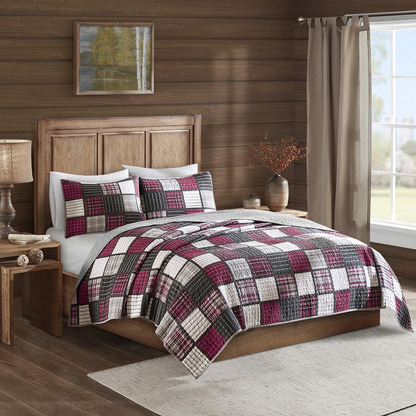 Start2Finish Tulsa oversized plaid cotton quilt set in red and grey with a cozy, large plaid pattern on soft cotton fabric.