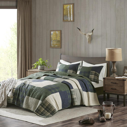 Green Mill Creek oversized cotton quilt set by Start2Finish, showing a cozy bedding with textured fabric and a stylish design.