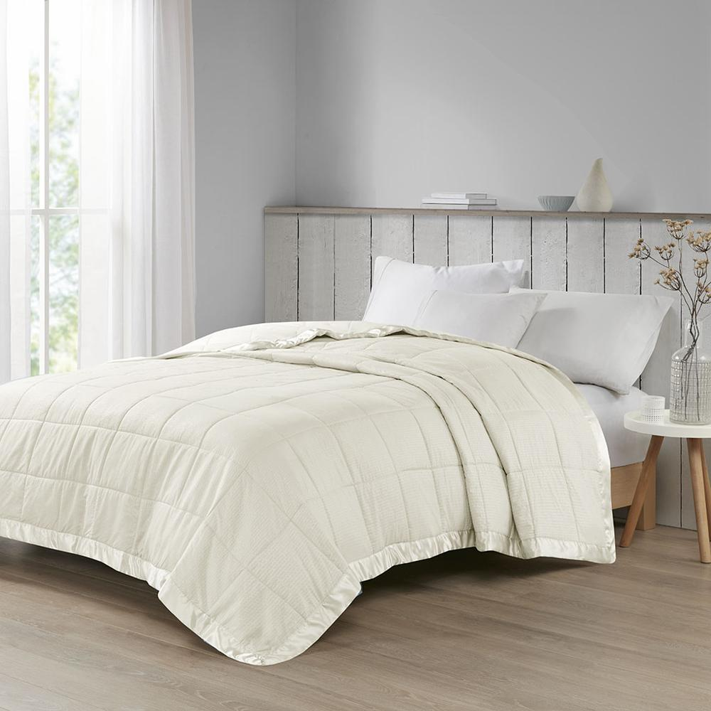 Start2Finish oversized down alternative blanket with satin trim, plush bedding in soft fabric, shown draped over a bed.