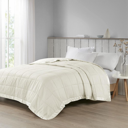 Start2Finish oversized down alternative blanket with satin trim, plush bedding in soft fabric, shown draped over a bed.
