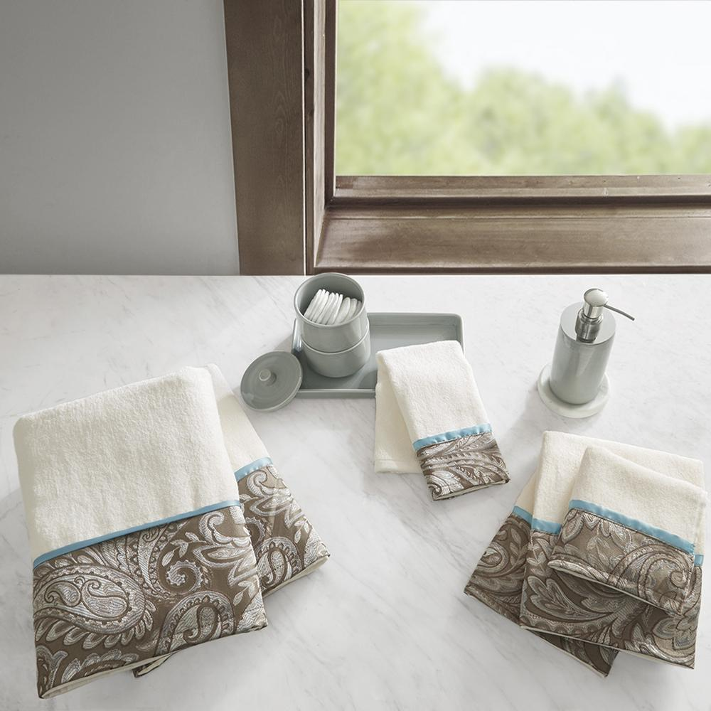 Start2Finish 6-piece jacquard towel set with textured patterns, including bath towels, hand towels, and washcloths displayed.