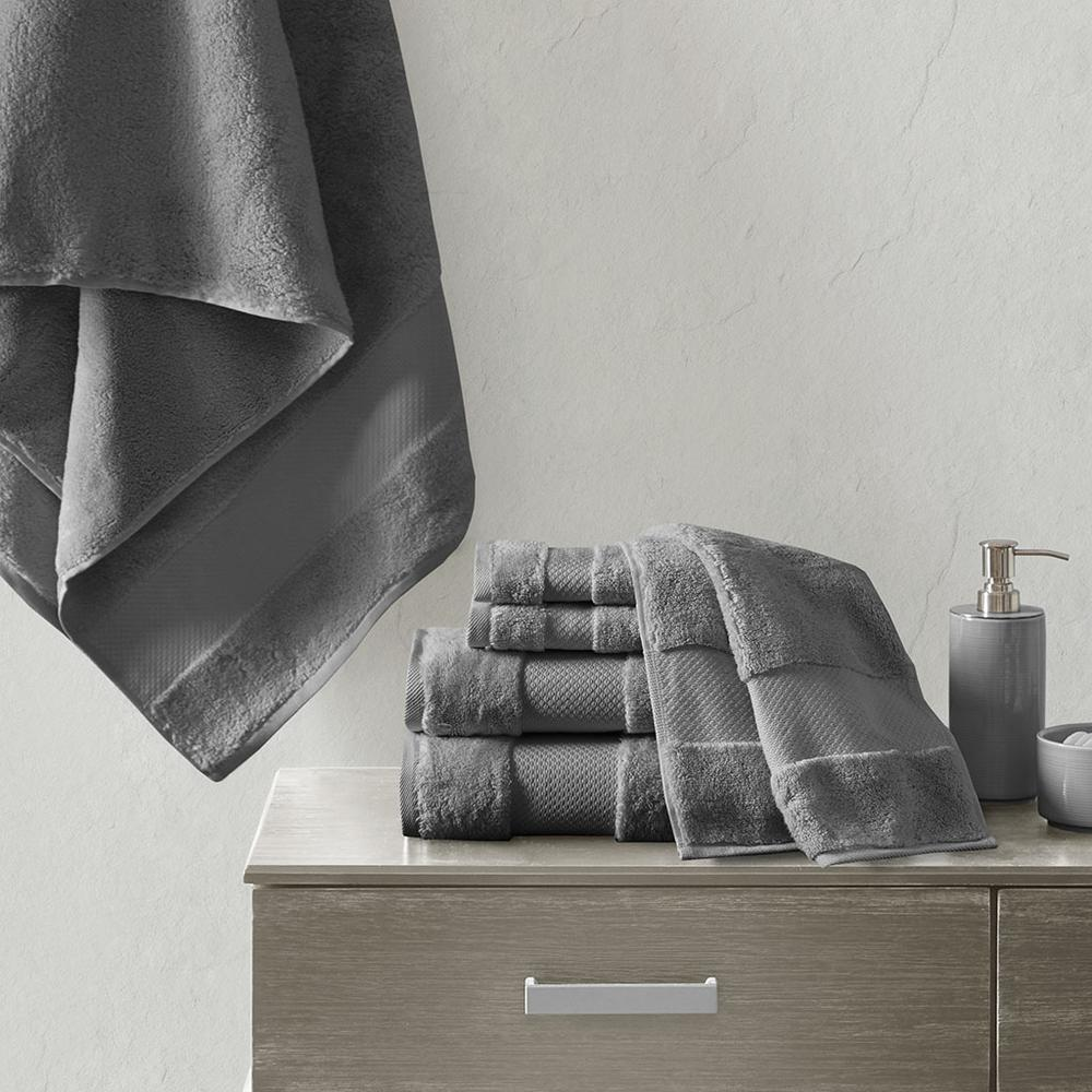 Start2Finish cotton 6-piece bath towel set with fluffy, soft towels in neutral colors displayed on a bathroom rack.