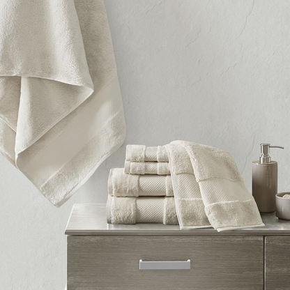 Start2Finish cotton 6-piece bath towel set with soft, plush towels in neutral colors, perfect for bathroom use.