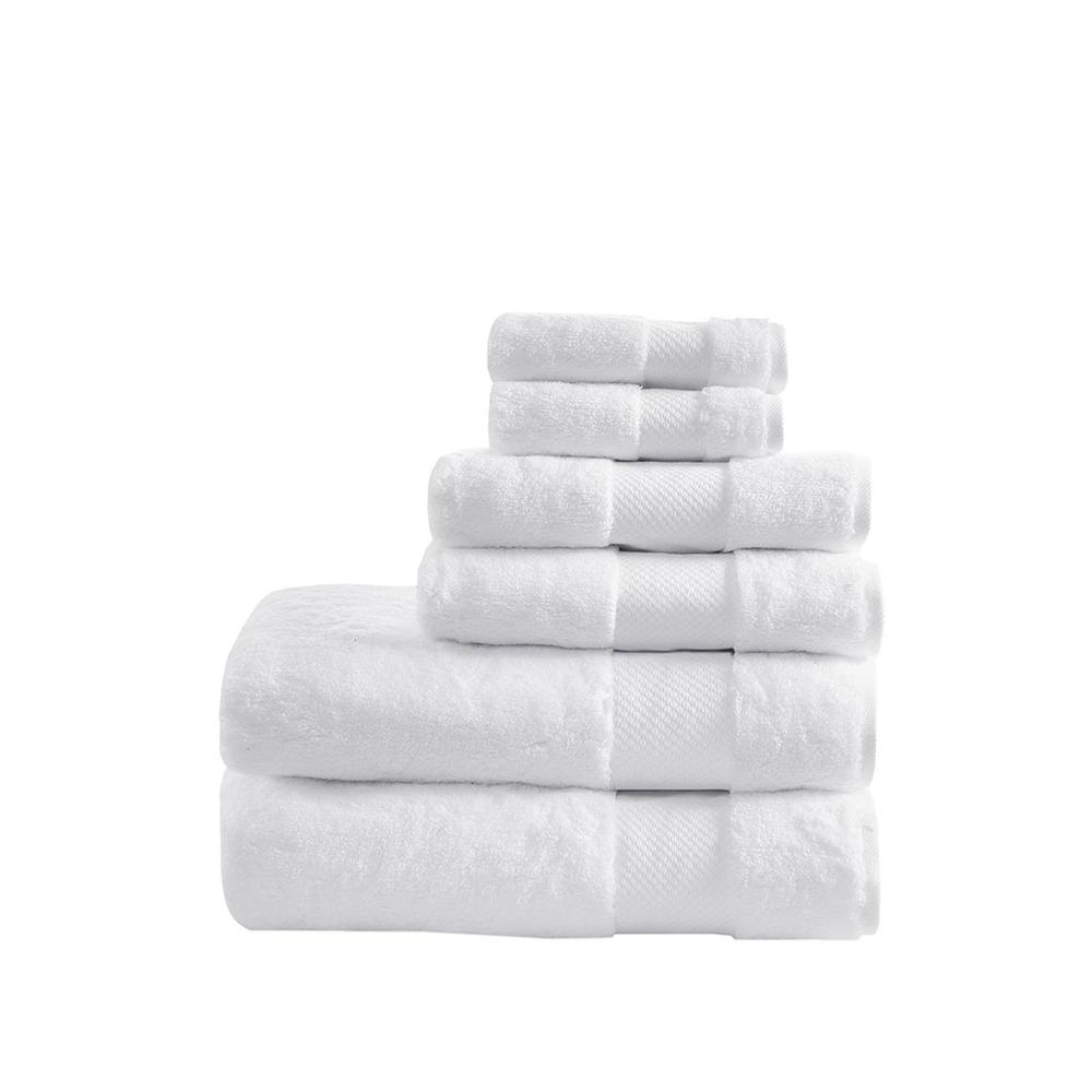 Six large white cotton bath towels from Start2Finish in a neat set, showing soft, plush fabric and folded for display.